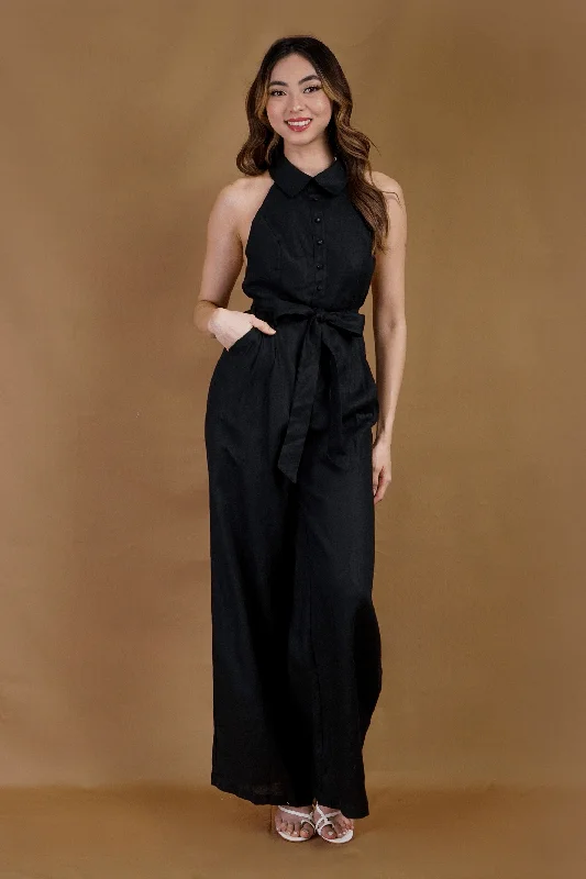 women's jumpsuits with buttonsBlack Linen Halter Jumpsuit