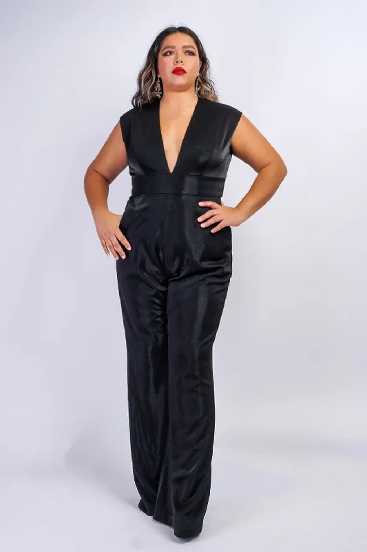 women's jumpsuits with short sleevesBlack Lux Sheen V Neck Aiden Jumpsuit