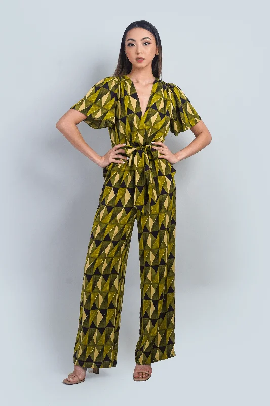 women's loose-fit jumpsuitsCitron Green Abstract Print Flutter Sleeve Jumpsuit