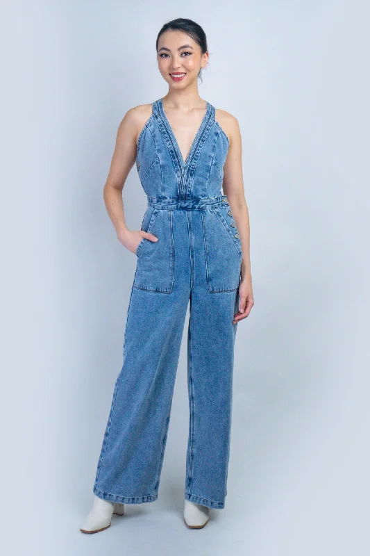 women's cropped jumpsuitsDenim V Neckline Jumpsuit