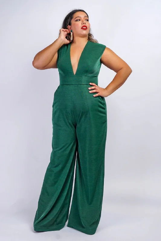 women's jumpsuits with bell sleevesEmerald Luxe Sheen V Neck Aiden Jumpsuit