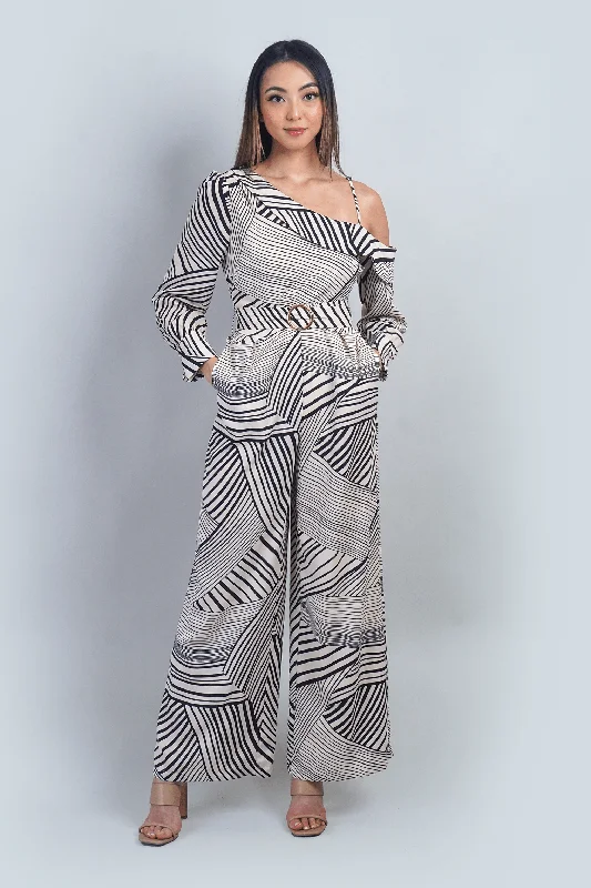 women's jumpsuits with floral printsIvory and Black Abstract Print Asymmetrical Shoulder Jumpsuit