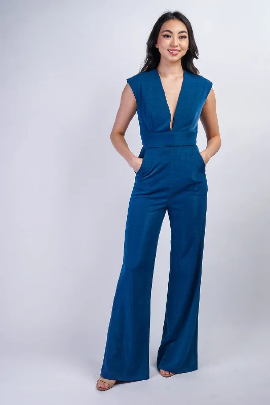 women's jumpsuits with metallic finishesSapphire Blue Luxe V Neck Aiden Jumpsuit