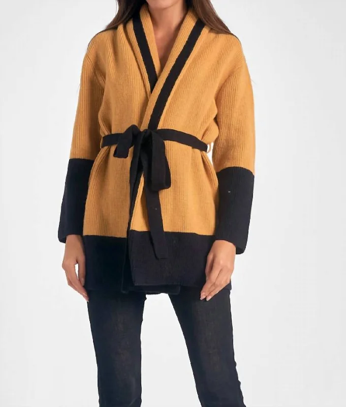 Colorful Comfortable Casual SweatersBelted Color Block Cardigan In Curry/black