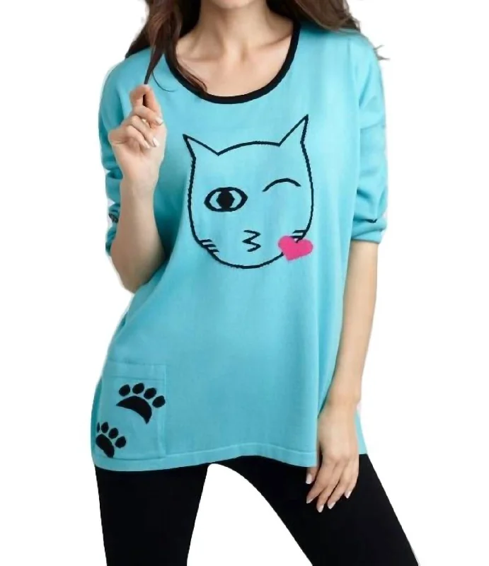 Fitted Cashmere SweatersCat Kiss Graphic Sweater In Turquoise/black