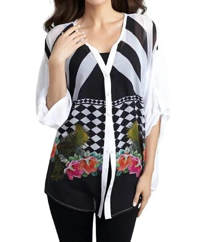 Flannel-Lined SweatersCheckerboard Floral Cardigan In White Multi