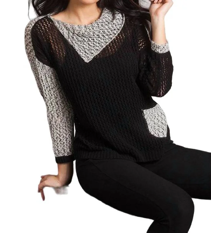 Luxurious Chunky SweatersCrochet Draped Neck Top In Black Frost