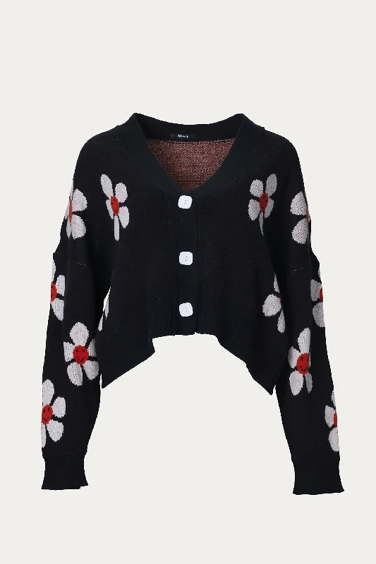 Wool SweatersCropped Retro Floral Cardigan In Black