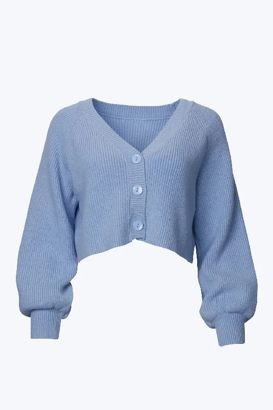 Elegant SweatersCropped Slouchy Ribbed-Knit Cardigan In Blue