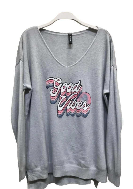 Knitted Crewneck SweatersGood Vibes V Neck Long Sleeve Sweater Knit Top In Grey