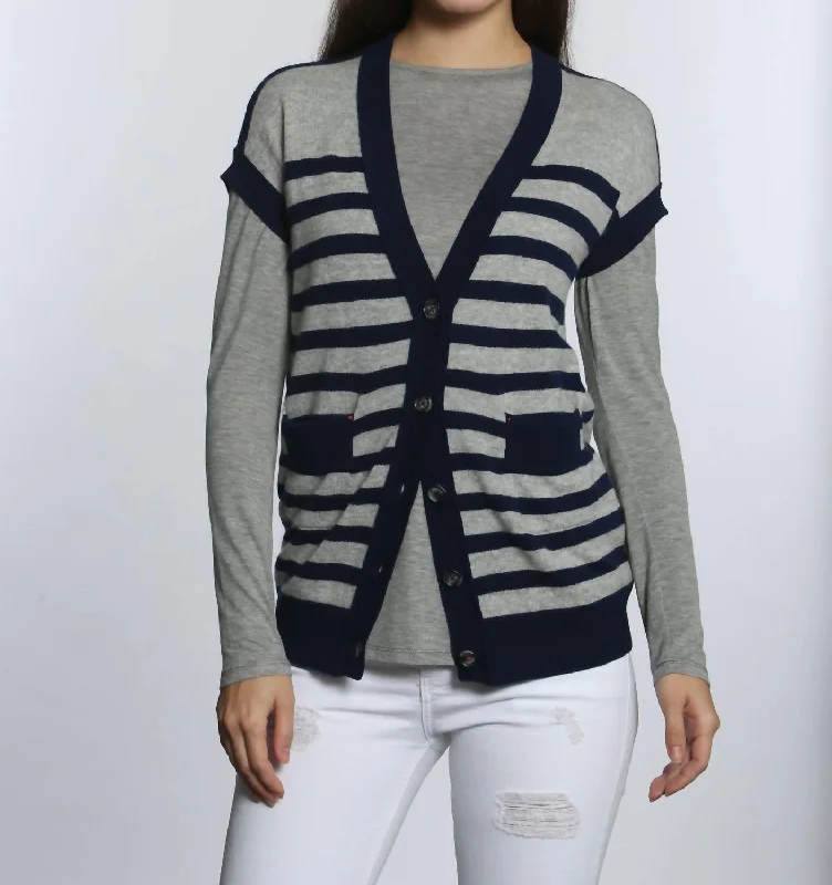 Chunky Designer Men's SweatersLuxe Striped Cardigan In Grey/navy