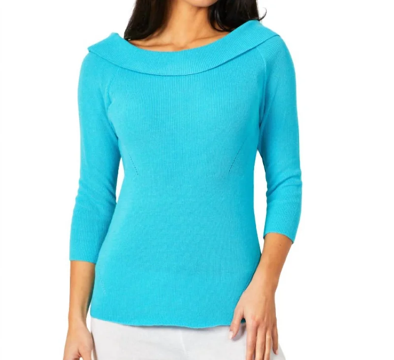 High-Quality Wool SweatersOff The Shoulder Ribbed Detail Top In Turquoise