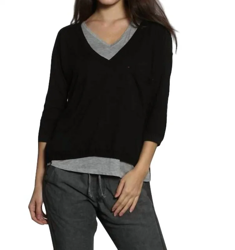 Colorful Comfortable Casual SweatersRib Back V Neck Pullover In Black/charcoal