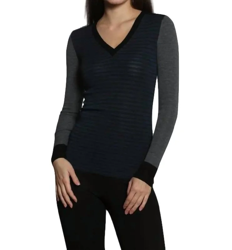 Plus-Size Flannel SweatersSkinny Rib Vee Pullover In Charcoal/ocean