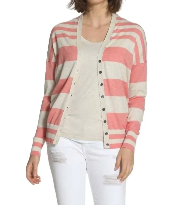 Crewneck Designer Fair Isle SweatersStriped Cotton Cardigan In Coral/ecru