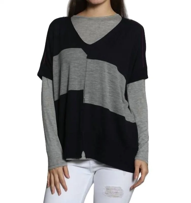 Oversized Patterned Cashmere SweatersWide Chic Vee Poncho In Navy/grey