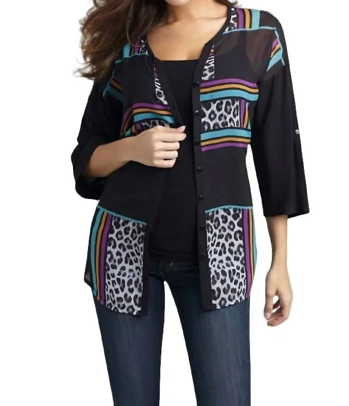 Retro Crewneck SweatersWild Hues Long Cardigan In Black Multi